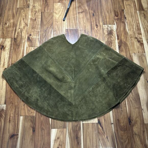 Vtg Olive Green Suede Cape Poncho Embroidery flowers Boho Hippie Festival Retro - Picture 8 of 10
